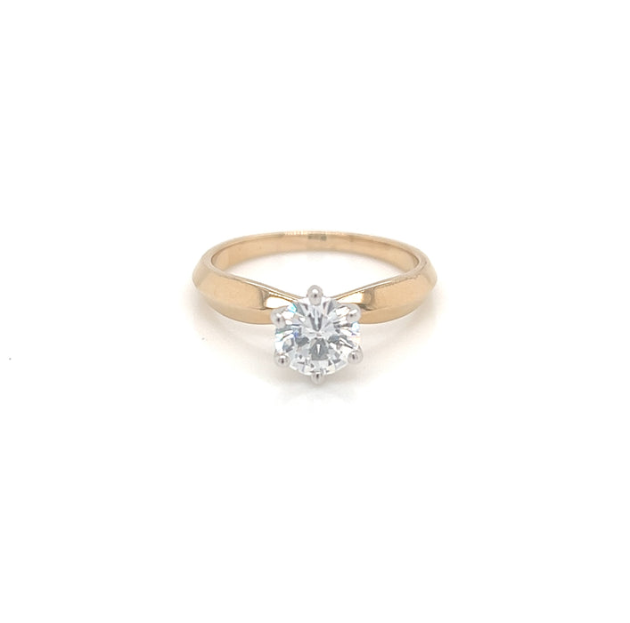0.80ct Round Four Prong Pinched Shank Solitaire Charles & Colvard Forever Brilliant Moissanite Ring 14K Yellow and White Gold